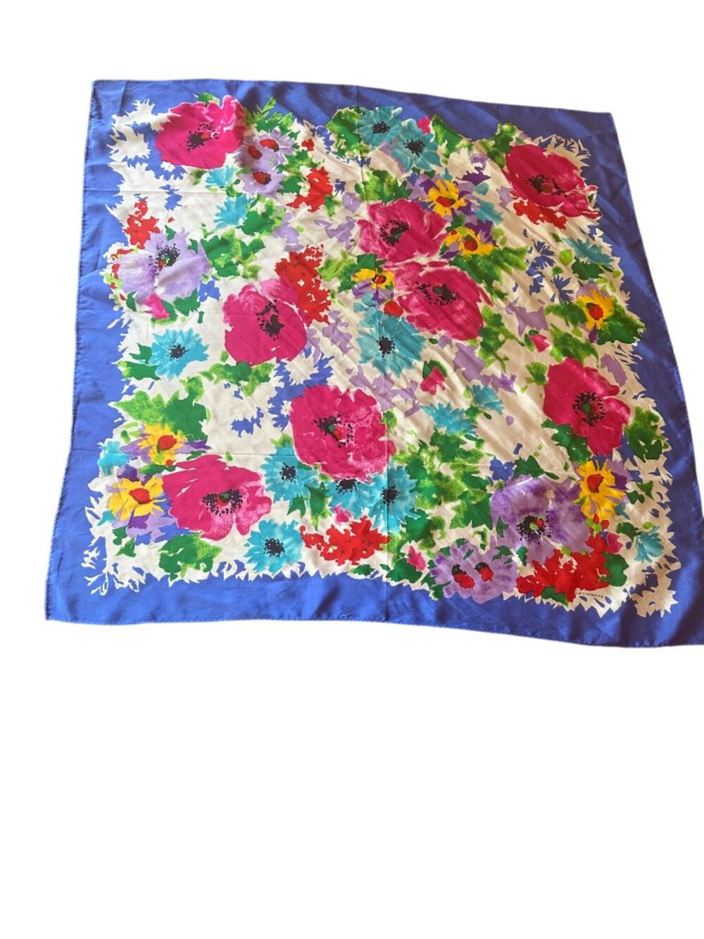 Liz Claiborne Scarf Blue Pink Floral Print Square Silk Blend Vintage Neck Scarf